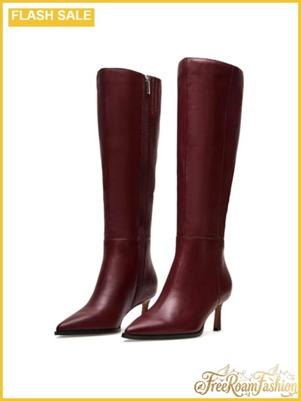 Kitten Heel Knee High Boots Pointed Toe Faux Leather Side Zip Dress Boots